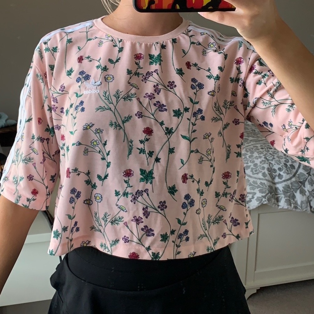 short sleeve pink floral Adidas top